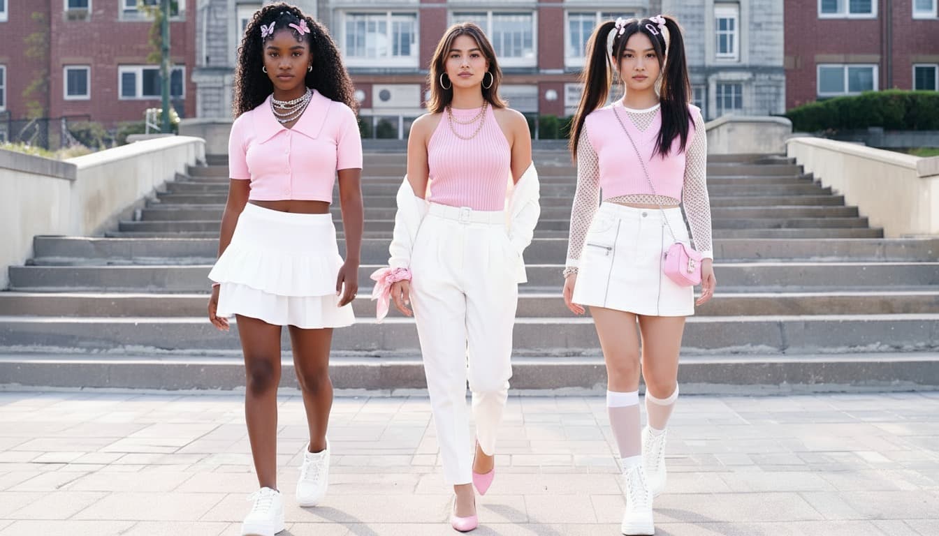 Three testers in baby pink and white outfits walking down campus steps